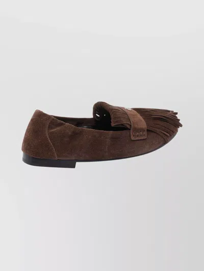 Tory Burch Ballet Fringe Suede Loafers With Rubber Sole In Brown