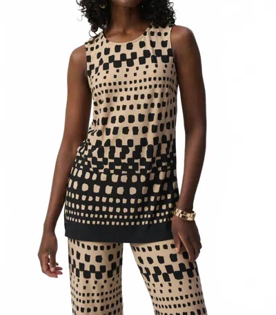Joseph Ribkoff Polka Dot Print Crew Neck Sleeveless Tunic Top In Black/dune In Brown