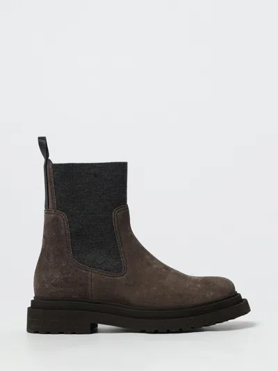 Brunello Cucinelli Women Suede Boot With Knitted Insert And Precious Loop Detail In Brown