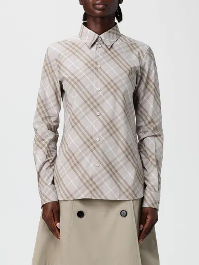 Burberry Women Beige Shirt With Pointed Collar And All-over Check Motif In Cotton Woman In Gold