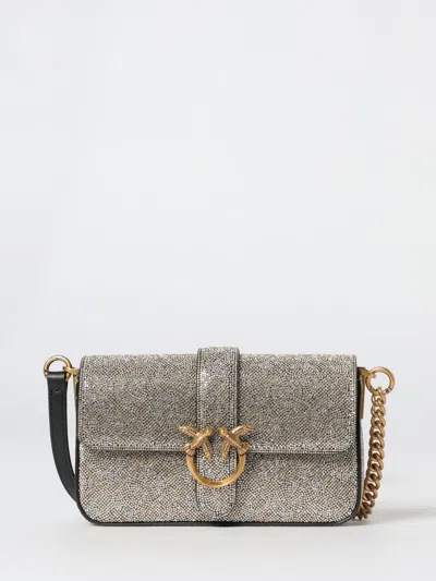Pinko Love One Slouchy Baby Monogram Leather Crossbody Bag In Silver
