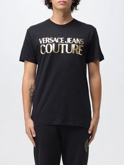 Versace Jeans Couture Cotton T-shirt With Metallic Gold Logo In Black