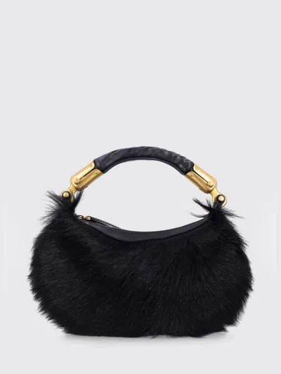 Balmain Genuine Fur Handbag With Leather Handle In Black