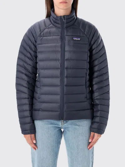 Patagonia Hooded Padded Jacket With Quilted Design And Side Pockets In Blue