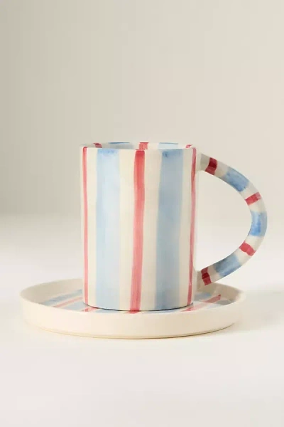 Anthropologie Daily Stripe Stoneware Espresso Cup & Saucer In Blue