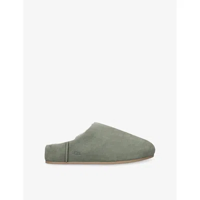 Ugg Grey Suede Slippers With Shearling Interior In Green