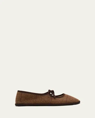 Vibi Venezia Brigitte Wool-blend Herringbone Mary Jane Flats In Brown