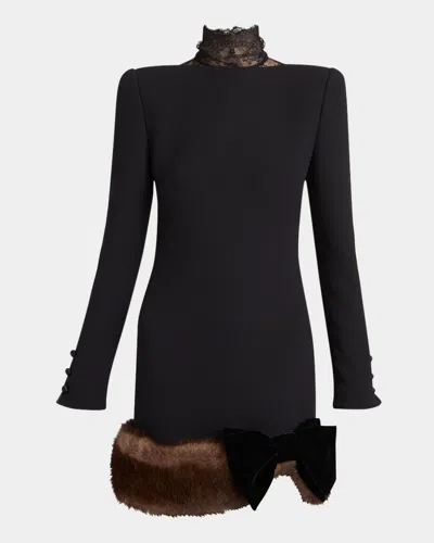 Valentino Long Sleeve Wool Crepe Minidress With Genuine Shearling Trim In Black