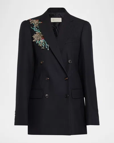 Dries Van Noten Womens Navy Bafy Crystal-embellished Double-breasted Wool Jacket In Blue