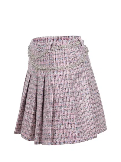 Self-portrait Mini Skirt With Pink Bouclé Crystal Belt In Purple