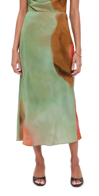 Sir Calle Midi Silk Skirt Acquerello Print In Multi