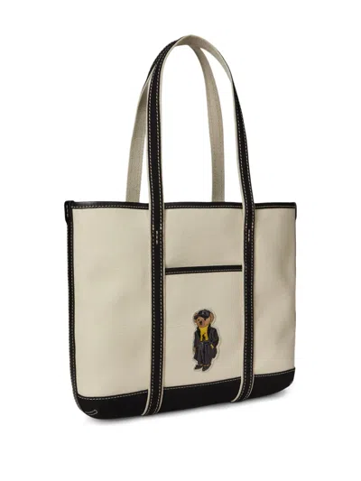 Polo Ralph Lauren Polo Bear Small Canvas Shopper Tote In Neutral