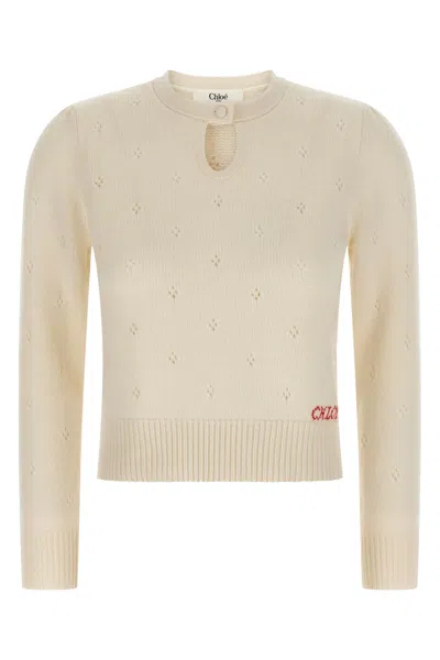 Chloé Wool And Cashmere Fitted Sweater With An Openwork Motif Clothing In White