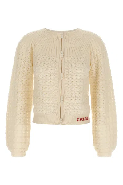 Chloé Jacquard Logo Cardigan Sweaters And Cardigans White In White