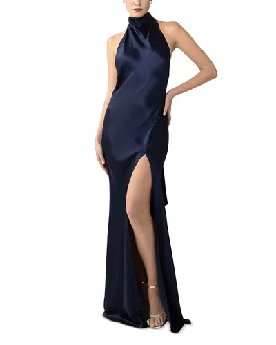 Sau Lee Penelope Satin Halter Neck Gown In Blue