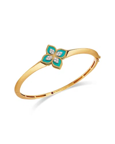 Roberto Coin 18k White & Yellow Gold Venetian Princess Turquoise & Diamond Flower Bangle Bracelet In Multi