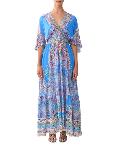 Camilla Waisted Dress With Hem Ruffle Footsteps In Folklore In Blue