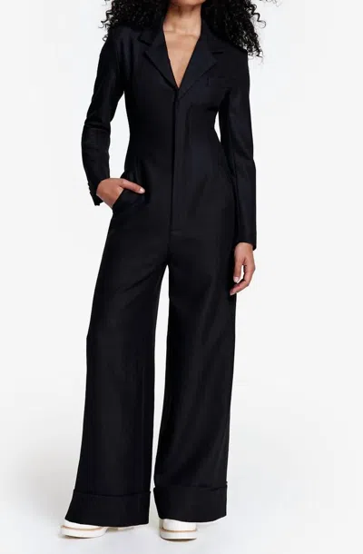 Smythe Rivet Collar Wide Leg Jumpsuit In Black Herringbone In Multi