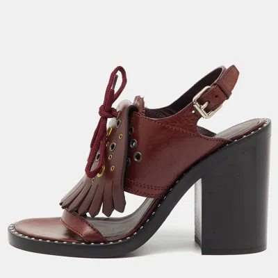 Pre-owned Burberry Burgundy Leather Beverley Eyelet Fringe Detail Block Heel Sandals Size 38
