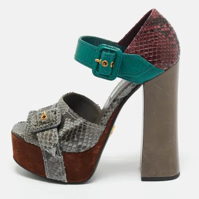 Pre-owned Prada Multicolor Python And Leather Ankle Strap Platform Sandals Size 37.5
