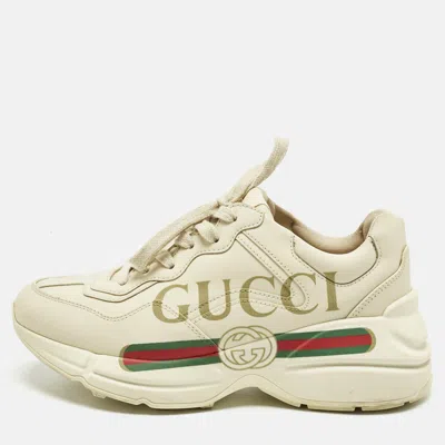 Pre-owned Gucci Off White Leather Rhyton Logo Print Low Top Sneakers Size 35.5