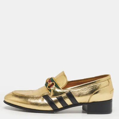 Pre-owned Gucci Gold Leather Horsebit Web Loafers Size 42