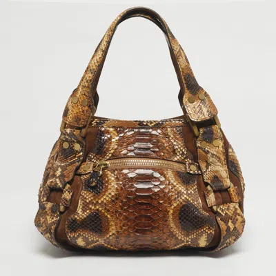 Pre-owned Jimmy Choo Bronze/brown Python And Suede Mahala Tote