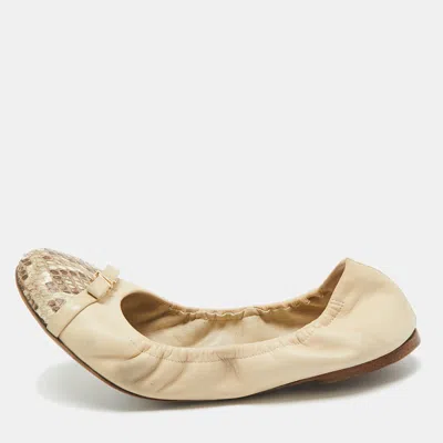 Pre-owned Louis Vuitton Beige Leather And Python Cap Toe Scrunch Ballet Flats Size 38 In White