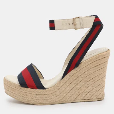 Pre-owned Gucci Multicolor Web And Leather Espadrille Wedge Sandals Size 39