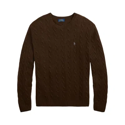 Pre-owned Polo Ralph Lauren Long Sleeve Cable Knit Crewneck Sweater 'cacao Brown Heather' | Men's Size L