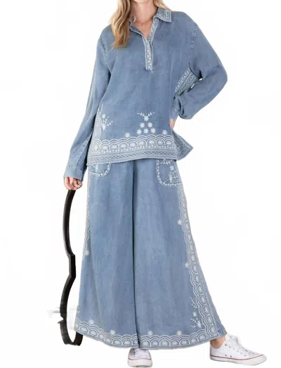 Blue Velvet Embroidered Denim Top In Multi