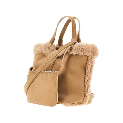 Roger Vivier Mini Leather Tote Bag With Shearling Trim In Sand