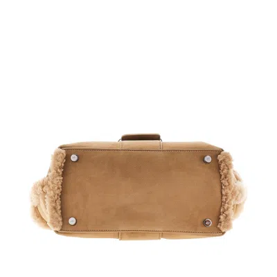 Roger Vivier Mini Leather Tote Bag With Shearling Trim In Sand