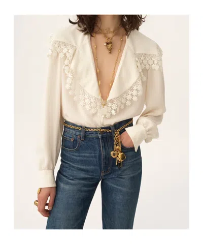 Chloé Blouse Col Oversize En Soie Jacquard Et Dentelle In White