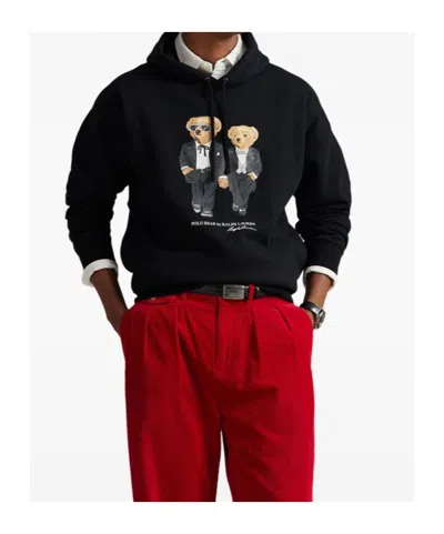 Polo Ralph Lauren Hooded Sweatshirt Featuring Bear Graphic And Ribbed Cuffs In Black