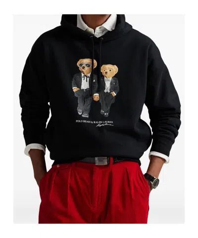 Polo Ralph Lauren Hooded Sweatshirt Featuring Bear Graphic And Ribbed Cuffs In Black