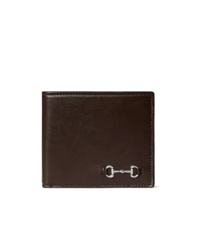 Gucci Men Brown Bi-fold Wallet With Horsebit On The Front And Embossed Logo On The Inside In Leather In Brown