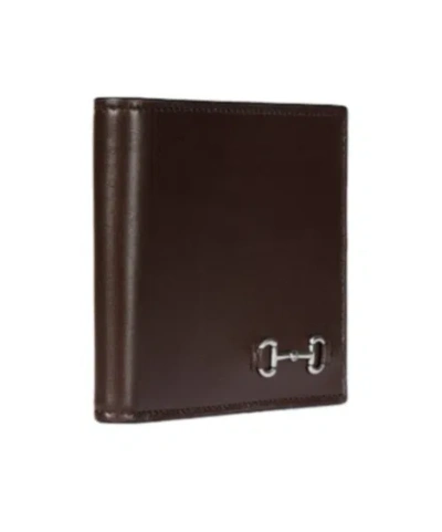 Gucci Men Brown Bi-fold Wallet With Horsebit On The Front And Embossed Logo On The Inside In Leather In Brown