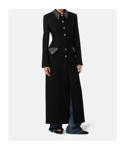 Versace Felted Studded Longline Coat In Black