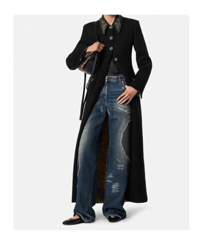Versace Felted Studded Longline Coat In Black
