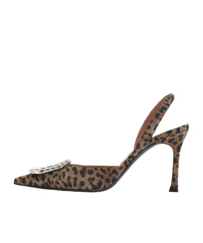 Amina Muaddi Pointed-toe Slingback Heels With Crystal Embellishment In Brown