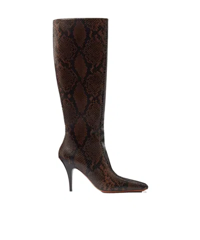 Stella Mccartney Knee-high Snake-effect Boots With Stiletto Heel And Squared Toe In Brown