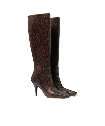 Stella Mccartney Knee-high Snake-effect Boots With Stiletto Heel And Squared Toe In Brown