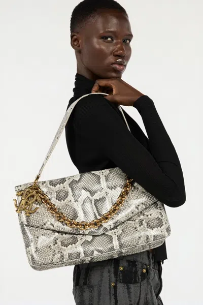 Roberto Cavalli Rock Python Print Chain Shoulder Bag In Brown