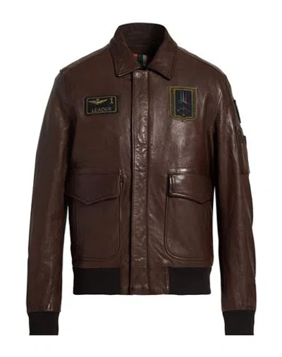 Aeronautica Militare Frecce Tricolori Man Jacket Chocolate Brown Size 46 Ovine Leather In Brown