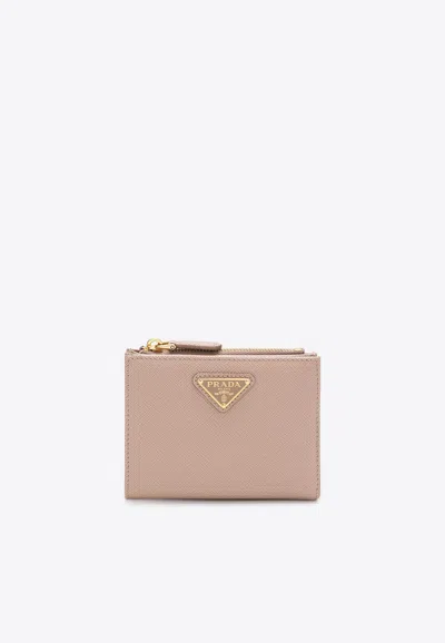 Prada Triangle Logo Saffiano Leather Zip Wallet In Neutral