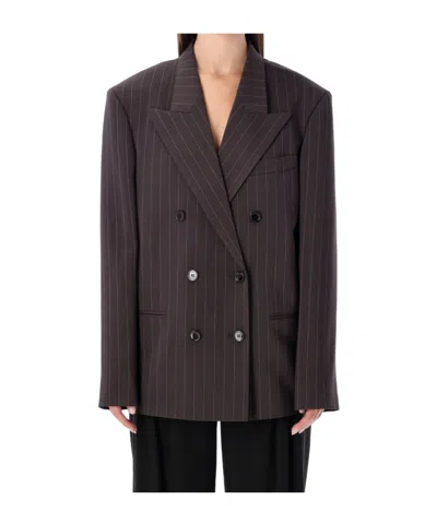 Magda Butrym Double Breasted Pinstripe Front Pocket Jacket In Brown