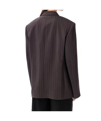 Magda Butrym Double Breasted Pinstripe Front Pocket Jacket In Brown