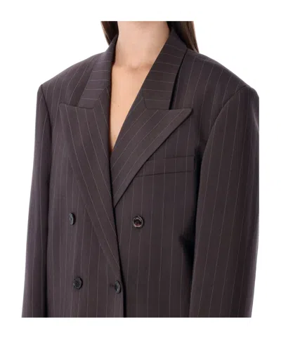 Magda Butrym Double Breasted Pinstripe Front Pocket Jacket In Brown