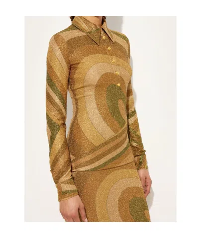Pucci Long Sleeve Collared Top With Button Cuffs In Brown